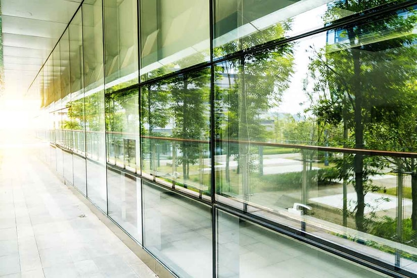 Skog illustrert i vinduer på et bygg, til illustrasjon for krav til våre leverandører