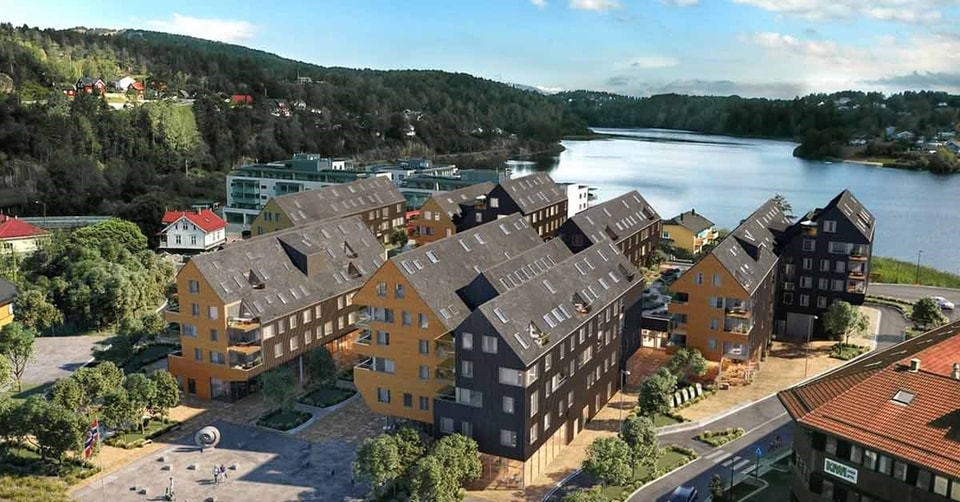 En illustrasjon av Heggedal Torg, finansiert av BN Bank